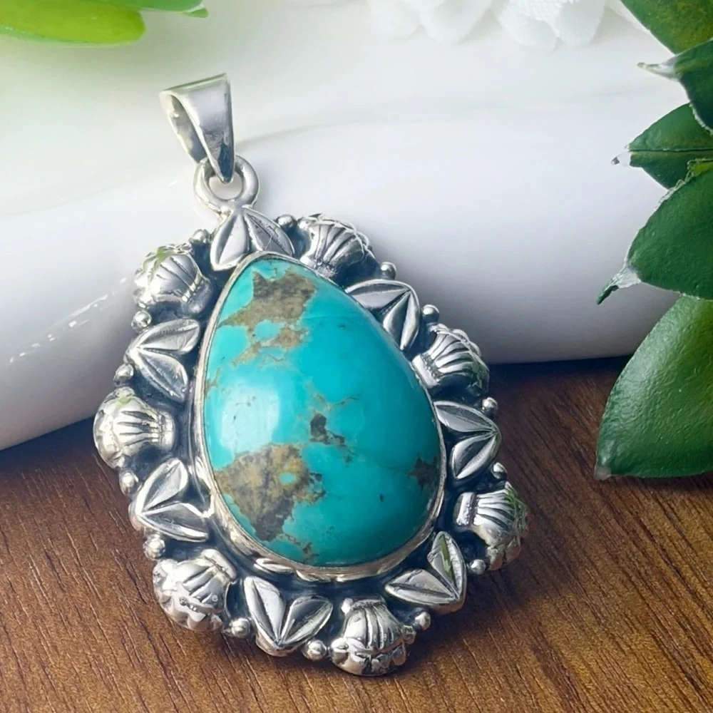Pure Sterling Silver 925 Genuine Turquoise Pendant Southwest Navajo Style New